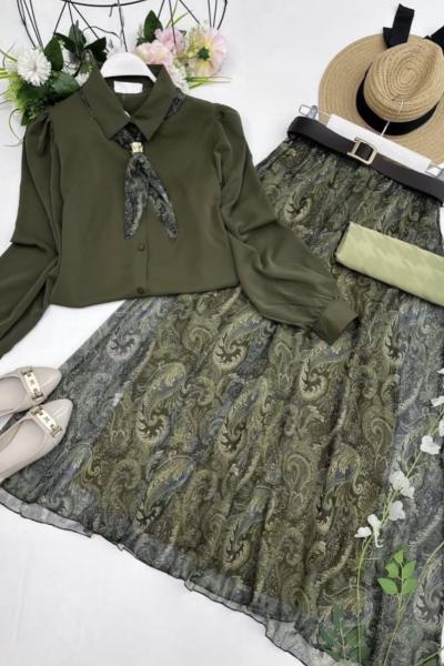 Aksesuar Detaylı Etekli Takım  Haki