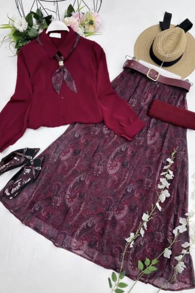 Aksesuar Detaylı Etekli Takım  Bordo