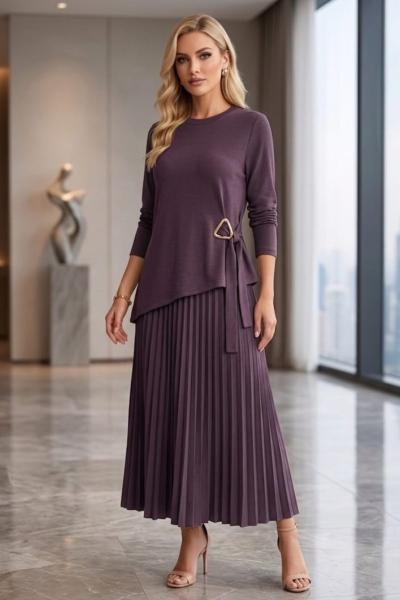 Asimetrik Pliseli Etekli Takım  Mürdüm