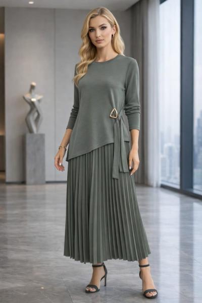 Asimetrik Pliseli Etekli Takım  Mint Yeşili