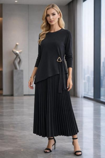 Asimetrik Pliseli Etekli Takım  Siyah