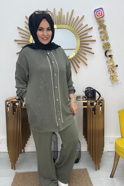 Aynaz Hakim Yaka Taşlı Takım  Haki