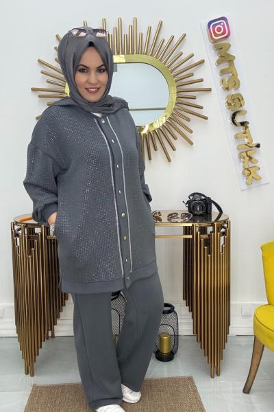 Aynaz Hakim Yaka Taşlı Takım  Gri
