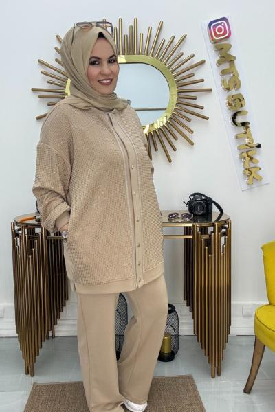 Aynaz Hakim Yaka Taşlı Takım  Camel