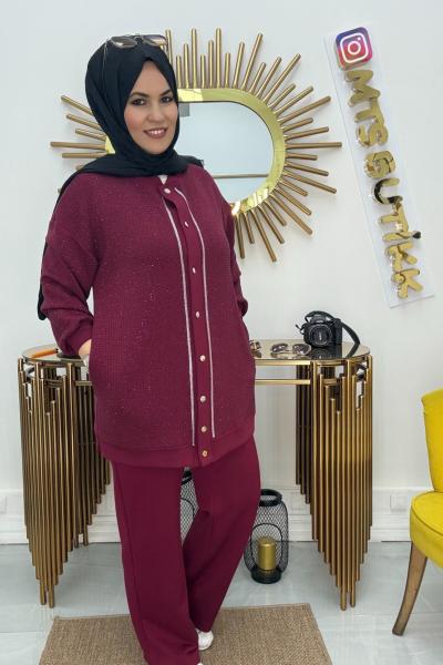 Aynaz Hakim Yaka Taşlı Takım  Bordo