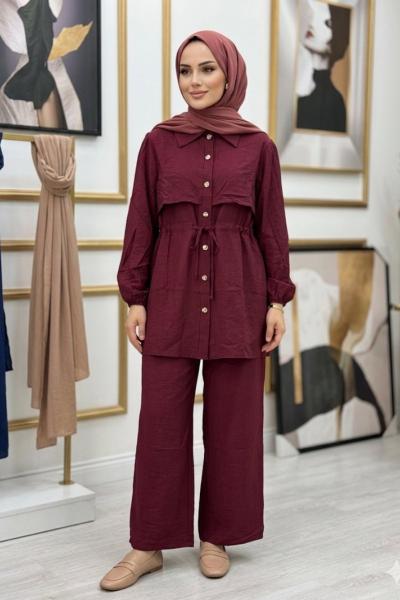 Beli İp Büzgülü Takım  Bordo