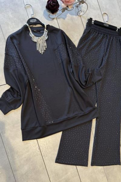 Bisiklet Yaka Taşlı Takım  Füme