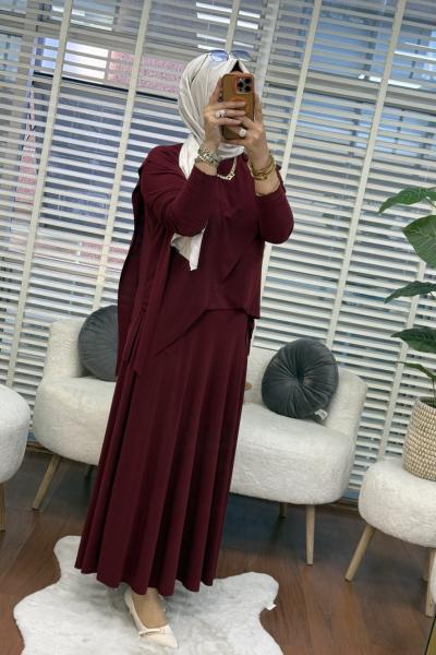 Bluzu Asimetrik Etekli Takım  Bordo