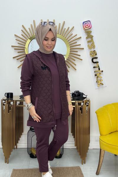 Broş Detaylı Üçlü Takım  Mürdüm