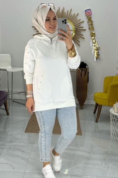 Cebi Ve Omuzu Taşlı Tunik  Beyaz