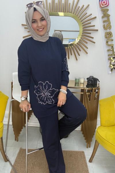 Çiçek Taşlı Takım  Lacivert