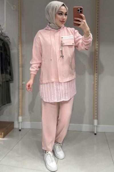 Çizgi Garnili Takım  Pembe