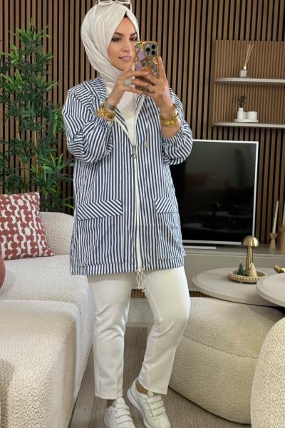 Çizgili Kap Yazlık  Lacivert