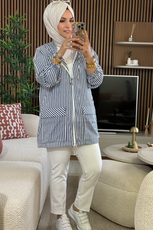 Çizgili Kap Yazlık  Lacivert