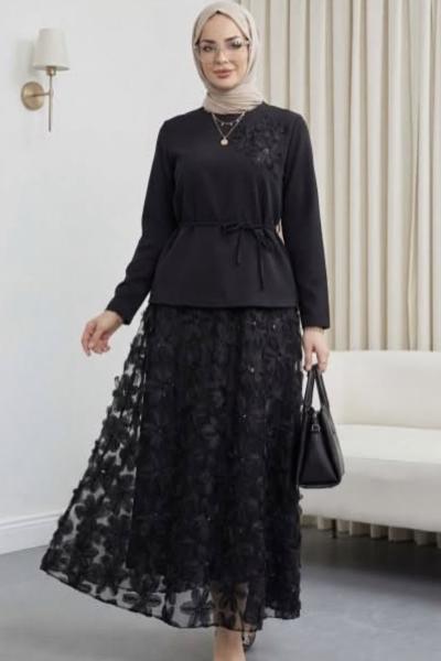 Dantelli Etekli Takım  Siyah