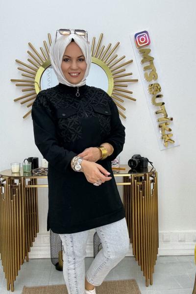 Dantelli Kapak Cepli Tunik  Siyah