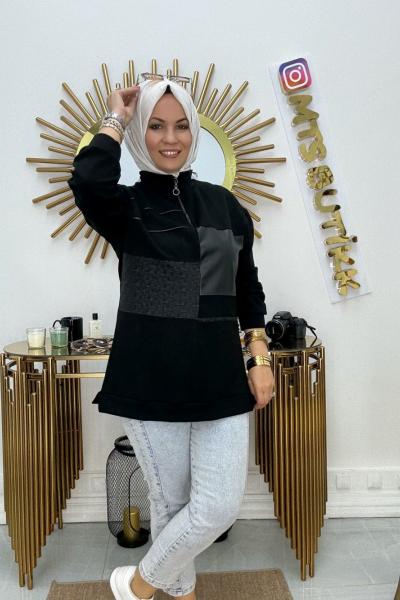 Deri Garnili Tunik Siyah