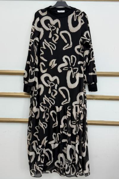 Desenli Şifon Elbise  Siyah Taş