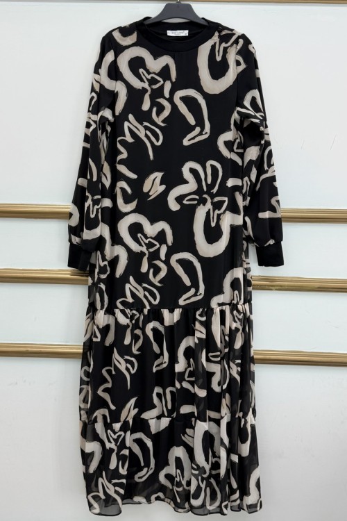 Desenli Şifon Elbise  Siyah Taş