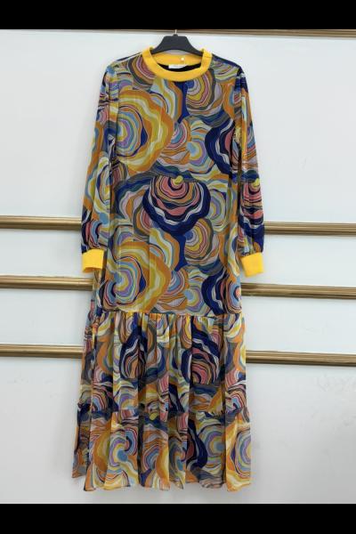 Desenli Şifon Elbise  Hardal Geçişli