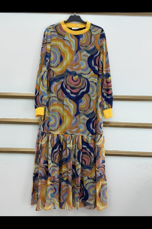 Desenli Şifon Elbise  Hardal Geçişli