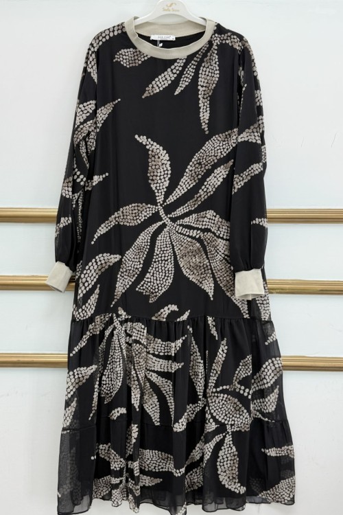 Desenli Şifon Elbise  Siyah