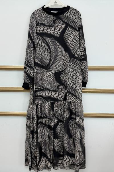 Desenli Şifon Elbise  Siyah Ekru