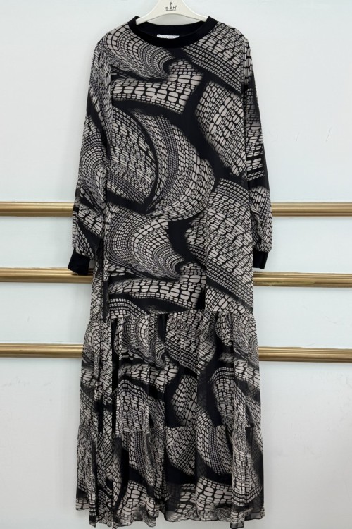 Desenli Şifon Elbise  Siyah Ekru