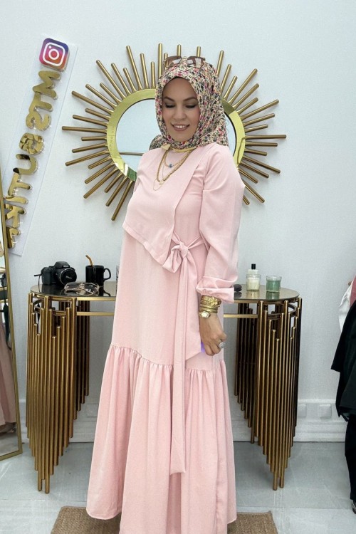 Dubai Bağlamalı Elbise  Kemik Pudra