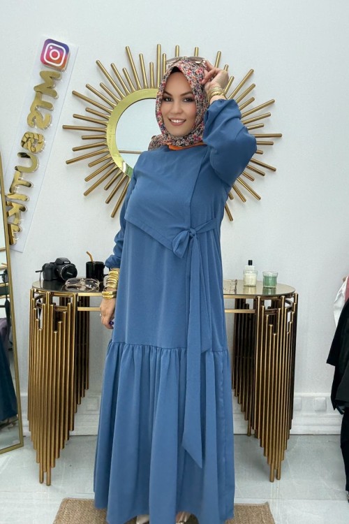 Dubai Bağlamalı Elbise  Mavi