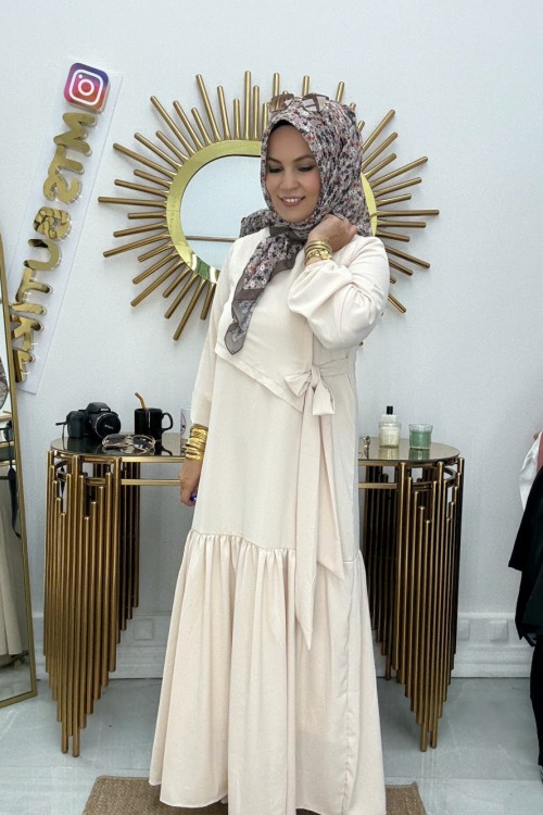 Dubai Bağlamalı Elbise  Krem