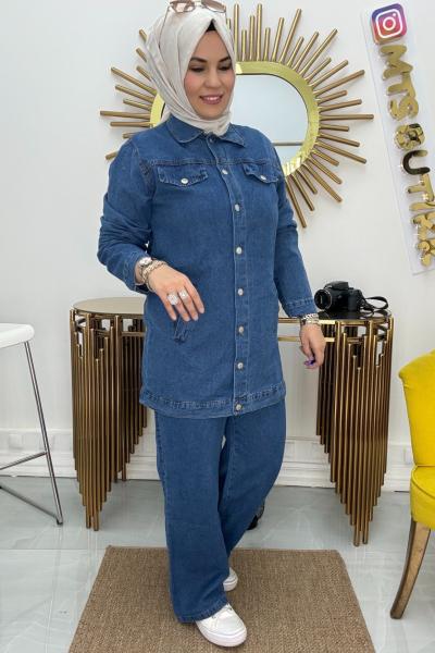 Düğmeli Kot Ceket Takım  Gök Mavi