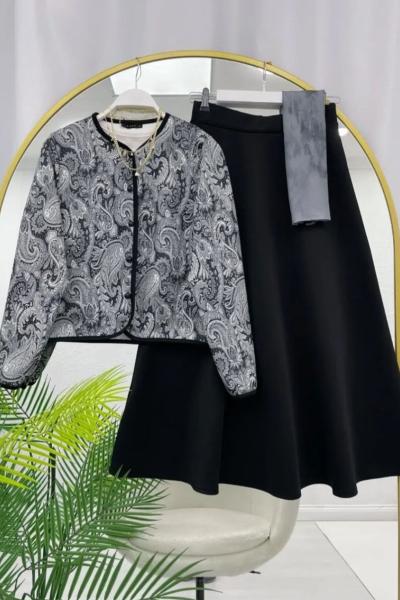 Etnik Desenli Etekli Takım Siyah