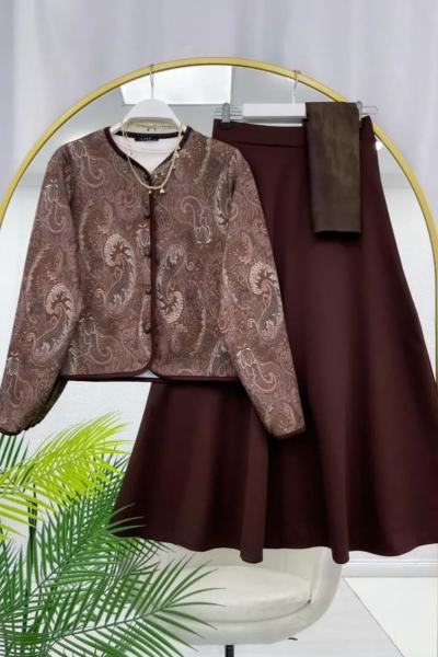 Etnik Desenli Etekli Takım Kahverengi