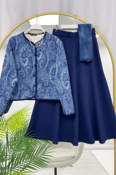 Etnik Desenli Etekli Takım Saks Mavisi