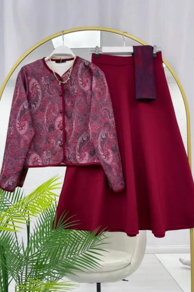 Etnik Desenli Etekli Takım Bordo