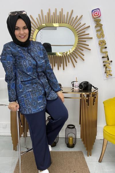 Etnik Desenli Ceket Takım  Lacivert