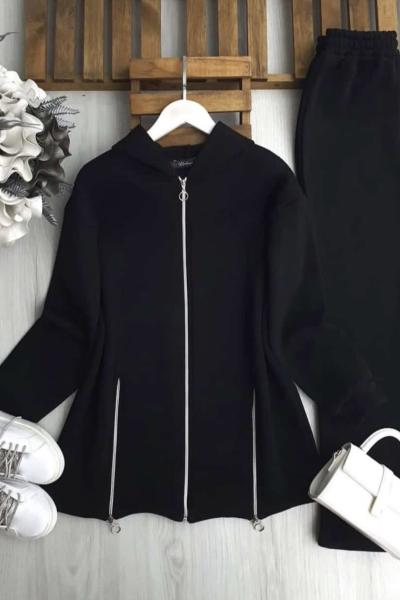 Fermuar Detaylı Üç İplik Kap Takım  Siyah