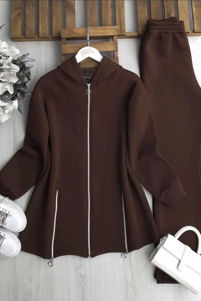 Fermuar Detaylı Üç İplik Kap Takım  Kahverengi