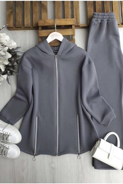 Fermuar Detaylı Üç İplik Kap Takım  Gri