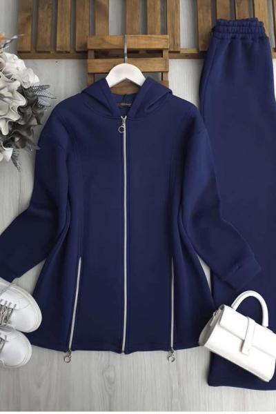 Fermuar Detaylı Üç İplik Kap Takım  Lacivert