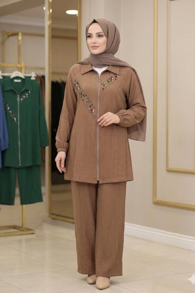 Fermuarlı Kap Takım  Camel