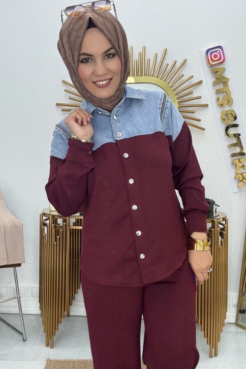 Fermuarlı Kot Takım  Bordo