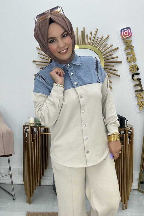 Fermuarlı Kot Takım  Taş Rengi