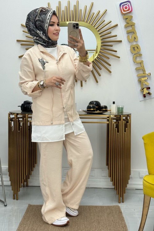 Garnili Kuşlu Takım  Krem