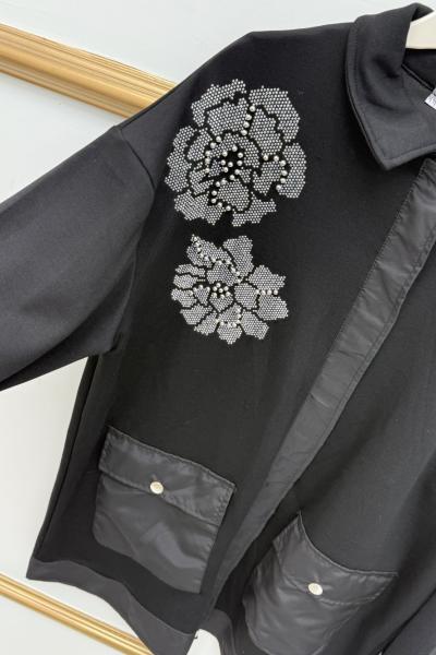 Göğüs Çiçek İnci Taşlı Kap Siyah