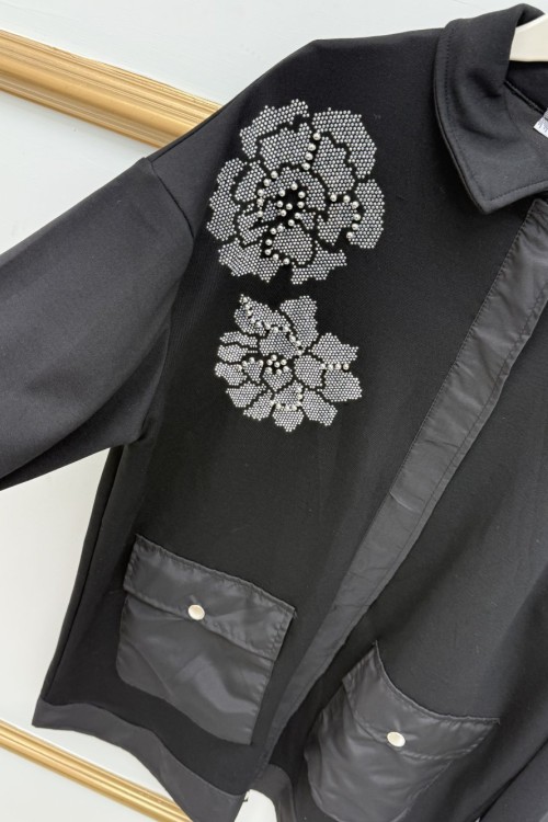 Göğüs Çiçek İnci Taşlı Kap Siyah