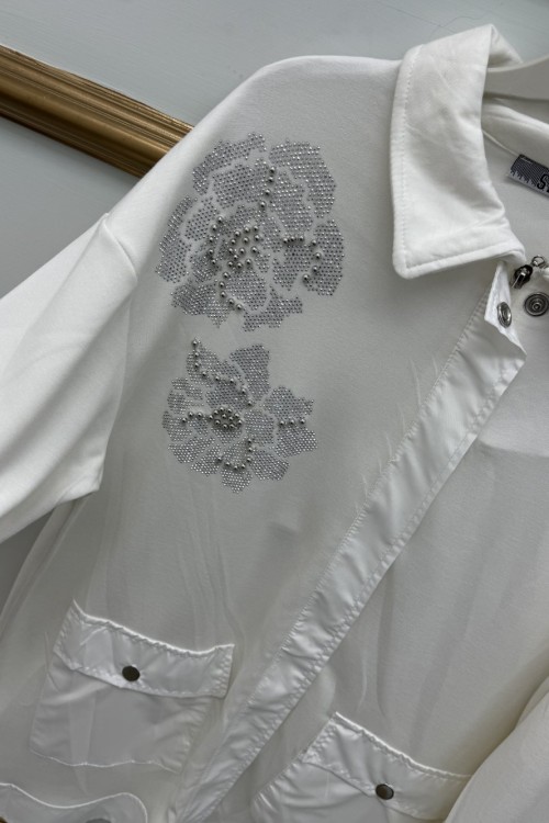 Göğüs Çiçek İnci Taşlı Kap Beyaz