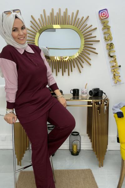 Gömlek Yaka Çizgili Takım  Bordo