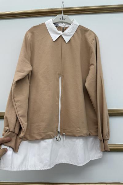 Gömlek Yaka Önü Fermuarlı Camel